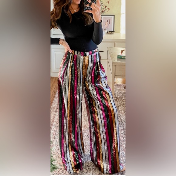 Multicolor Sequin Striped Wide Leg Pants NWT - Picture 3 of 8
